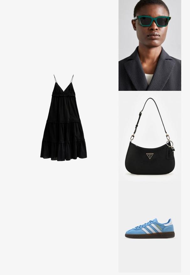 Schwarzes, stufenförmiges Kleid aus leichtem Stoff, mit V-Ausschnitt, dünnen Trägern und Rüschendetails über drei Lagen.; Helles blaues Wildleder-Sneaker mit weißen Lederstreifen, einer braunen strukturierten Sohle und goldenen Logodetails. Niedrig geschnittenes Design mit runder Zehenpartie.; Grüne und gemusterte Sonnenbrille mit einem geometrischen Rahmen; dunkle Gläser; das Model trägt ein strukturiertes schwarzes Sakko über einem hellen Oberteil.; Schwarze synthetische Schultertasche mit geschwungenem Silhouette, strukturiertem Finish, goldenem Dreiecks-Logo und abnehmbaren Hardware-Akzenten.