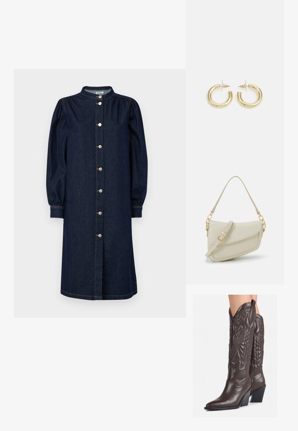 Tamno plava traper haljina s mandarin kragnom, dugim napuhanim rukavima i prednjim kopčanjem na gumbe s srebrnim detaljima i suptilnim šivanjem.; Smeđe kožne kauboj čizme s šiljastim vrhom i blok-potpeticom, s detaljno izvezenim šavovima i uzdignutim naglascima na okovu.; Mala krem torbica s teksturiranim finišom, dugačkim podesivim remenom, lančanim detaljem i preklopom. Zlaćani hardver.; Zlatne kružne naušnice s glatkom, sjajnom završnom obradom. Kružni dizajn s malom potporom i prozirnom podlogom za sigurno nošenje.