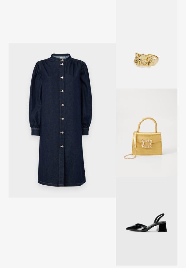 Temno modra denim obleka z mandarin ovratnikom, dolgimi napihnjenimi rokavi in sprednjim zapenjanjem na gumbe, ki vsebuje srebrno kovinsko opremo in subtilne šive.; Črne lakirane slingback pete s koničastim nosom in geometrijsko blokasto peto. Imajo eleganten, minimalističen dizajn in gladko teksturo.; Rumeno usnjeno-usnje z vzorcem krokodila, s strukturiranim dizajnom, zgornjo ročajem, snemljivo verižico in dekorativnim kristalnim okrasjem na zaponki.; Zlati prstan z teksturiranim, valovitim dizajnom, ki ima tri izrazite vrhove. Gladka, sijoča površina z odprtim pasom za prilagodljivo prileganje.