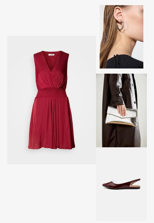 Piros ujjtalan ruha mély V-kivágással, smockolt derékrésszel és lebegő szoknyával. Puha, könnyű anyag, finom textúrával.; Burgundy színű lakk slingback balerina cipők hegyes orral, átlátszó kivágással és lapos fekete talppal. Sima textúra, minimalista dizájn.; Ezüst fém clutch, szögletes borítékszerű kialakítással, sima felülettel és kontrasztos belső színnel, amelyet egy fekete kabátot viselő kéz tart.; Ez egy ezüst fülbevaló, sima felülettel, amelyen apró arany díszítőelemek találhatók. Kerek formájú és a fülcimpán viselik.