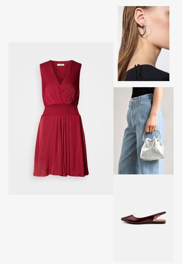 Punainen hihaton mekko, jossa on syvä V-muotoilu, smokkivyötärö ja lainehtiva hame. Pehmeä, kevyt kangas, jossa on hienovarainen tekstuuri.; Burgundy patentitokot slingback-kengät, joissa on terävä kärki, läpinäkyvä aukko ja musta litteä pohja. Sileä pinta, minimalistinen muotoilu.; Metallinen hopeinen pussilaukku, jossa on teksturoitu pinta, koristeltu hopeisella pyöreällä kaksikahvalla ja kiristysnyörillä, pidetty vaaleansinisten farkkujen edessä.; Hopea renkaankorvakoru kiiltävällä pinnalla, jossa on pieniä kultaisia yksityiskohtia ja pyöreä muoto, käytetty korvalla.