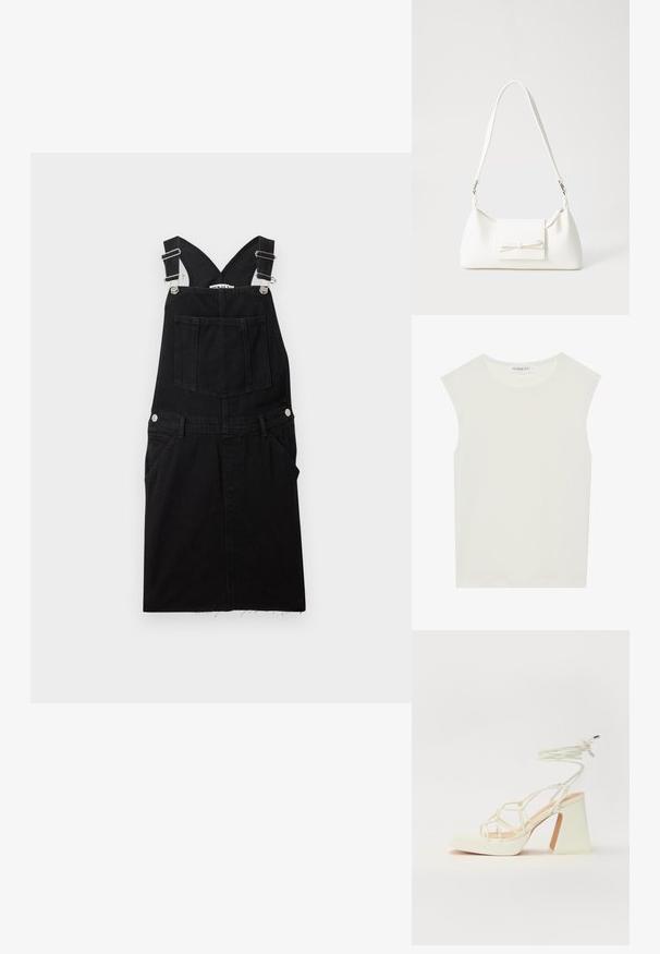 Melna denima apakšveļa ar regulējamiem siksnām, priekšējo un sānu kabatām. Iezīmē taisnu piegriezumu un saplēstu apakšmalu.; Balts bez piedurknēm tops ar apaļu kakla izgriezumu. Izgatavots no gludas auduma, tam ir brīvs piegriezums un minimālistisks dizains. Nav nekādas rakstainības vai akcentu.; Baltas augstpapēžu sandales ar masīvu papēdi, ar siksnu dizainu un potītes saistītiem elementiem. Gluda tekstūra ar platformu priekšpusē, lai nodrošinātu papildu augstumu.; Balta sintētiska soma ar trīsstūrveida formu, plakanu priekšējo vāciņu un loku detaļu, regulējamu siksnu, gludu tekstūru un minimālistisku dizainu.