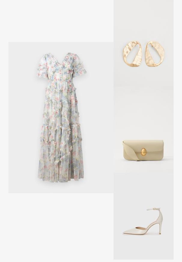 Maxikjole lavet af gennemsigtigt stof med blomstermønster i pastelfarver. Har tierede flæser og korte puffærmer, samt V-udskæring.; Hvide læder højhælede sko med spids tå, ankelrem og en slank stiletto-hæl. Glat tekstur med subtilt glansfuld finish.; Beige læderhåndtaske med en glat tekstur, rektangulær form og en gylden oval lås. Har en lang, justerbar rem.; Et par uregelmæssige ovalformede øreringe i guldtonet metal med en tekstureret, let hamret overflade på en hvid baggrund.