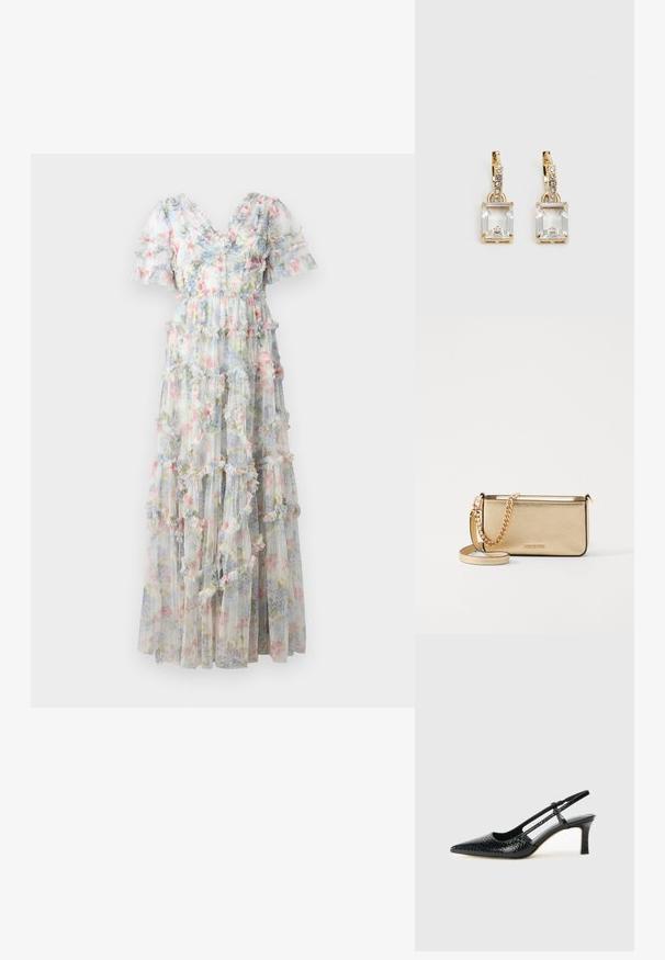 Maxi šaty z průsvitné látky s květinovým vzorem v pastelových barvách. Mají vrstvené volány a krátké puff sleeves, design s výstřihem do V.; Černé lakované slingback podpatky s špičatou špičkou, zdobené texturovaným hadím vzorem, nastavovacím páskem a krátkým texturovaným blokovým podpatkem.; Metalická zlatá kožená psaníčko s texturovaným povrchem, vybavená zlatým řetízkovým popruhem a odnímatelným ramenním popruhem. Vystouplé logo značky.; Náušnice ve zlatém odstínu s obdélníkovým, průhledným krystalem zavěšeným pod řadou malých, kulatých průhledných akcentů. Elegantní, moderní design.