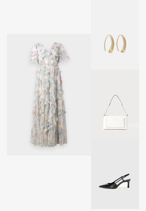 Maxi obleka iz prosojnega blaga s cvetličnim vzorcem v pastelnih barvah. Ima slojevite volane in kratke napihnjene rokave ter obliko V-izreza.; Črne lakaste slingback pete s koničastim nosom, ki imajo teksturiran vzorec kačje kože, nastavljiv trak in kratek teksturiran blok peto.; Bela usnjena torbica z teksturirano površino, ki vključuje zlat pas in črne detajle. Ima sprednji žep in zadrgo.; Zlato-tonirani kovinski uhani v obliki obroča s krivuljo in podolgovato obliko. Imajo gladko, sijočo površino in zaobljen vrh za dodaten detajl.