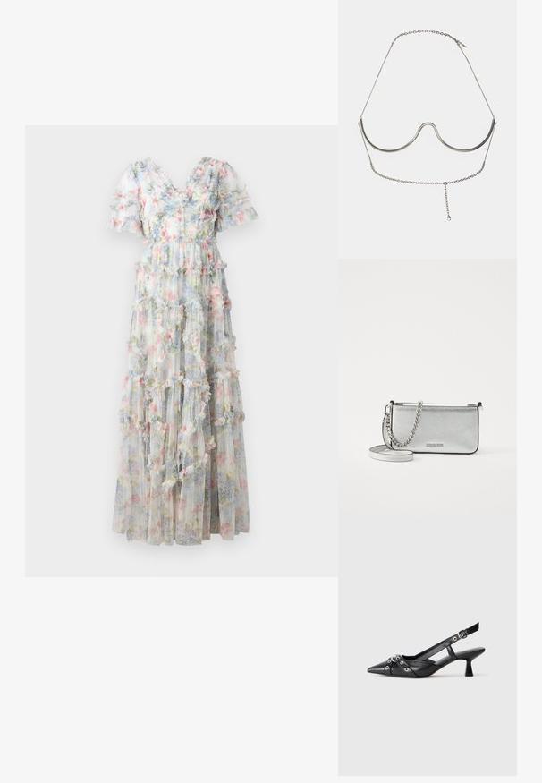 Pillangóruhával, áttetsző anyagból készült, pasztell színű virágmintával. Réteges fodrokkal és rövid puffos ujjakkal rendelkezik, V-kivágással.; Fekete bőr slingback cipő hegyes orral, dekoratív pántokkal, fém szemekkel és alacsony blokk sarkú. Texturált felület.; Ezüst bőr keresztpántos táska texturált felülettel, lánc- és pántdíszítéssel, valamint cipzáras záródással. Elöl logó található.; Cult Gaia ASHA BODY JEWELRY - Egyéb tartozékok - bright shiny silver-coloured