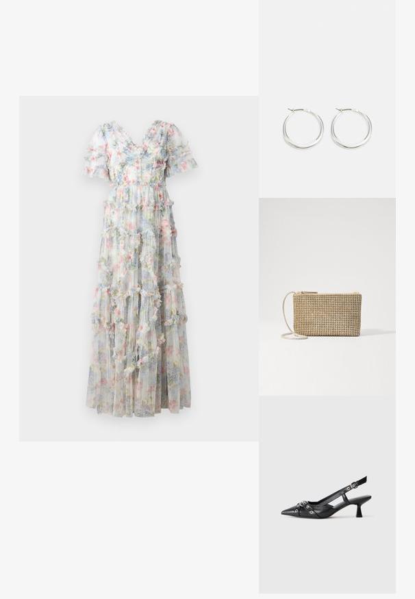 Rochie maxi dintr-un material transparent cu un model floral în culori pastelate. Are volane în trepte și mâneci scurte tip bufant, cu decolteu în V.; Pantofii slingback din piele neagră, cu vârful ascuțit, curele decorative cu ochiuri din metal și toc bloc mic. Suprafață texturată.; Loeffler Randall YASMINE FLAT CLUTCH - Geantă crossbody - gold; Cercei rotunzi din argint prezintă un design neted și rotunjit, cu un profil subțire și un sistem de prindere sigur. Stil minimalist cu un finisaj lucios.