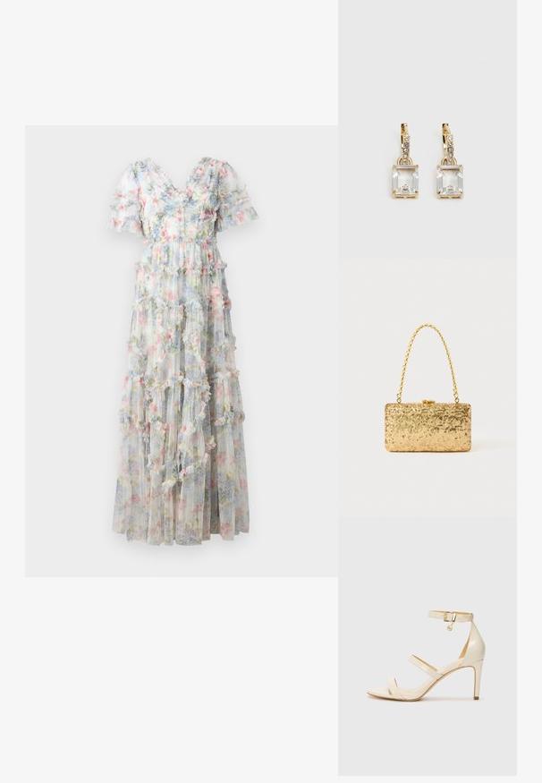 Pillangóruhával, áttetsző anyagból készült, pasztell színű virágmintával. Réteges fodrokkal és rövid puffos ujjakkal rendelkezik, V-kivágással.; Beige magassarkú szandál vékony bokapánttal és két felső pánttal. Fényes lakk felület és arany hardware részlet a bokapánton.; Arany flitteres clutch táska, téglalap alakú, csavart lánckarabinerekkel és fém záródással, mely fényt tükröz a textúrált felületének köszönhetően.; Aranyszínű fülbevalók, melyek egy téglalap alakú, tiszta kristállyal díszítették, ami egy sor kis, kerek, tiszta kiegészítő alatt lóg. Letisztult, modern dizájn.