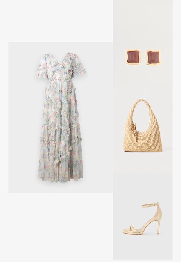 Maxikleid aus transparentem Stoff mit floralen Mustern in Pastellfarben. Verfügt über gestufte Rüschen und kurze Puffärmel, V-Ausschnitt-Design.; Goldfarbene metallische High-Heel-Sandale mit offener Zehenpartie, Knöchelriemen mit Schnalle und einer Plattformsohle für zusätzliche Höhe. Glatte Textur.; Geflochtene beige Handtasche mit einem geschwungenen Griff, strukturiertem Oberflächen und einem braunen Quasten-Detail. Hat eine lässige Hobo-Form.; Quadratische Ohrstecker mit einem tiefen burgunderfarbenen Zentrum und einem goldfarbenen, strukturierten Rahmen. Glatte Oberfläche mit abgerundeten Kanten.
