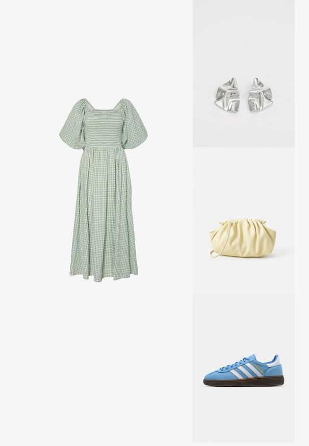 Zeleni gingham obleka s kvadratnim izrezom, kratkimi napihnjenimi rokavi, nabranim korzetom in tekočim krilom. Narejena iz lahkega bombažnega blaga.; Svetlo modri semiš športni čevlji z belimi usnjenimi črtami, rjavo teksturirano podplatom in zlatim logotipom. Nizki dizajn z zaobljenim konicami.; Rumena nabirana torbica iz gladke umetne kože, ki ima mehko obliko, en ramenski trak in nabran vrhnji del.; Srebrni kovinski uhani z valovitim, skulpturalnim dizajnom, ki se ponašajo s poliranim zaključkom in nerednimi oblikami, kar poudarja sodobno estetiko.