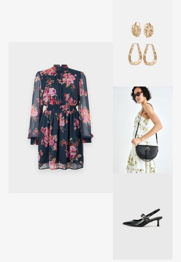 Cvečni učenek v temno modri barvi z dolgimi, prosojnimi rokavi. Ima elastičen pas in visok ovratnik. Okrašen je s cvetnimi vzorci v rožnati in oranžni barvi.; Črne patent usnjene slingback pete s koničastim nosom in majhnim blok peto, ki vključujejo srebrno zaponko na traku.; Črna usnjena torbica s ukrivljeno obliko, z odstranljivo naramnico in zlatimi dodatki. Torbica ima pokrov s podrobnostmi v obliki zaponke.; Zlato obarvani uhani z teksturiranimi, valovitimi oblikami. Vključujejo skulpturalne sponke za ušesa in odprto obliko obročka s kladivastim finišem.