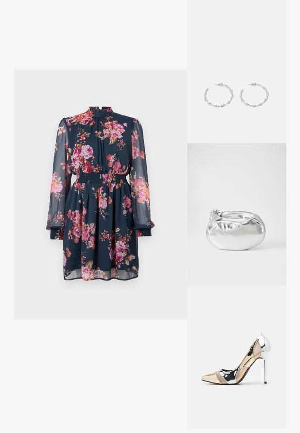 Vestido floral en azul marino oscuro con mangas largas y transparentes. Cuenta con una cinturilla elástica y cuello alto. Decorado con patrones de flores en rosa y naranja.; Zapato de tacón alto con punta afilada en una combinación de colores plateado, dorado y nude. Acabado brillante con diseño recortado, que presenta un tacón de aguja.; Bolsa de pouch metálica plateada con una forma suave y redondeada y un cierre en la parte superior con un nudo. Hecha de un material de imitación de cuero suave.; Pendientes de aro de plata con diseño retorcido, que presentan un acabado pulido y cierre de presión. Miden aproximadamente 3 cm de diámetro.