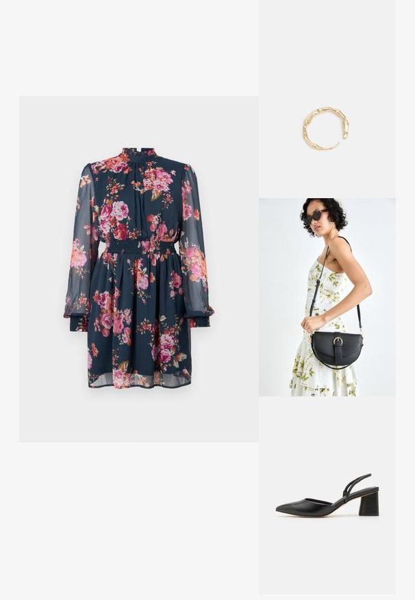 Cvečni učenek v temno modri barvi z dolgimi, prosojnimi rokavi. Ima elastičen pas in visok ovratnik. Okrašen je s cvetnimi vzorci v rožnati in oranžni barvi.; Črne slingback čevlje s koničastim nosom, narejeni iz gladke usnje, s spodnjim blokom pete in tankimi trakovi na zadnji strani za varno prileganje.; Črna usnjena torbica s ukrivljeno obliko, z odstranljivo naramnico in zlatimi dodatki. Torbica ima pokrov s podrobnostmi v obliki zaponke.; Zlati prstan s organskim, zvitim dizajnom, gladko površino in taperiranimi konci, ki ustvarja modernega, skulpturalnega videza.