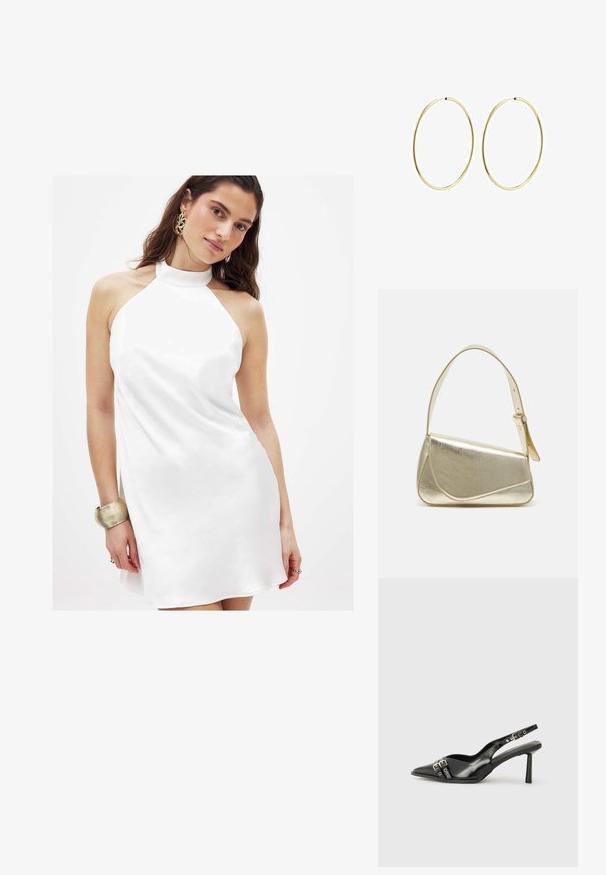 Weißes Halfterkleid aus glattem Stoff, mit einer leicht ausgestellt Silhouette und einem hohen Ausschnitt, akzentuiert mit einem metallischen Armband.; Schwarzer Lackleder Slingback-Schuh mit spitzem Zehenbereich, Knöchelriemen mit silbernen Schnallen und Beschlägen sowie einem schlanken Absatz.; Goldfarbene metallische Handtasche mit strukturiertem Design, glatter Textur und verstellbarem Tragegurt. Sie verfügt über eine einzigartige dreieckige Form und minimalistische Nähte.; Goldene Creolen mit einem glatten, runden Design. Dünn und leicht, mit einem durchgehenden Ring ohne Verzierung.