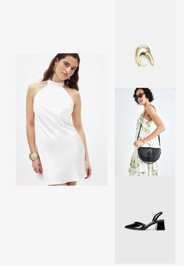 Balta halter tipo suknelė, pagaminta iš lygaus audinio, su šiek tiek platėjančiu siluetu ir aukšta apykakle, papuošta metaliniu apyrankiu.; Juodos lakuotos odinės šlepetės su smailiu pirštu ir geometriniu bloko kulnu. Turi elegantišką, minimalistinį dizainą ir lygų paviršių.; Juodas odinis krepšys su išlenkta forma, nuimamu dirželiu ir auksiniais detalėmis. Krepšys turi kilpą su sagtimi.; Aukso tono metalinės auskarai su stilingu, kreiviu dizainu. Išsiskiria ryškiu smailiu pavidalu, poliruota paviršiumi ir užsegimu su vyriu.