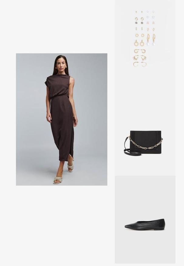 Brun, ribbet, ærmeløs kjole med en indsnævret talje og sidelommer. Kombineret med lyse, flettede sandaler og enkle øreringe. Glat tekstur.; Sort læder balletflade, spidse tæer, minimalistsk design, glat tekstur, lav hæl, ingen synlig hardware eller udsmykninger.; Sort læder crossbody taske med en glat tekstur, rektangulær form og en metallisk kæde detalje foran. Justerbar skulderrem inkluderet.; Sæt af guldfarvede øreringe med forskellige designs, herunder studs, hoops og hængende modeller med perler og rhinsten.