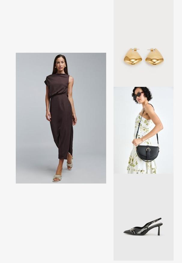 Brun, ribbet, ærmeløs kjole med en indsnævret talje og sidelommer. Kombineret med lyse, flettede sandaler og enkle øreringe. Glat tekstur.; Sorte patenterede læderslagback sko med spids tå, ankleremme med sølvspænder og hardware samt en slank hæl.; Sort læderhåndtaske med en buet form, aftagelig rem og guldfinish. Tasken har en klap med en spænde detalje.; Guldtonede metaløreringe med en glat, rund trekantet form og post-back design; reflekterende overflade med minimal detaljer.