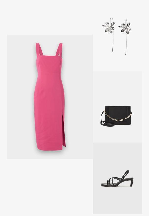 Prijanjiva ružičasta haljina s širokim trakama, kvadratnim izrezom, do koljena s bočnim prorezom, napravljena od glatkog materijala bez vidljivih uzoraka.; Crne sandale s trakama, kvadratnim prstom i niskom blok petom. Ima više tankih trakica i podesivu trakicu oko gležnja. Izrađene su od glatke kože.; Crna kožna torba preko tijela s glatkom teksturom, pravokutnim oblikom i metalnim lancem na prednjoj strani. Uključena je podesiva naramenica.; Srebrne naušnice u obliku cvijeta s teksturiranim završetkom, s dugim kukama i detaljima nalik laticama za složen dizajn.