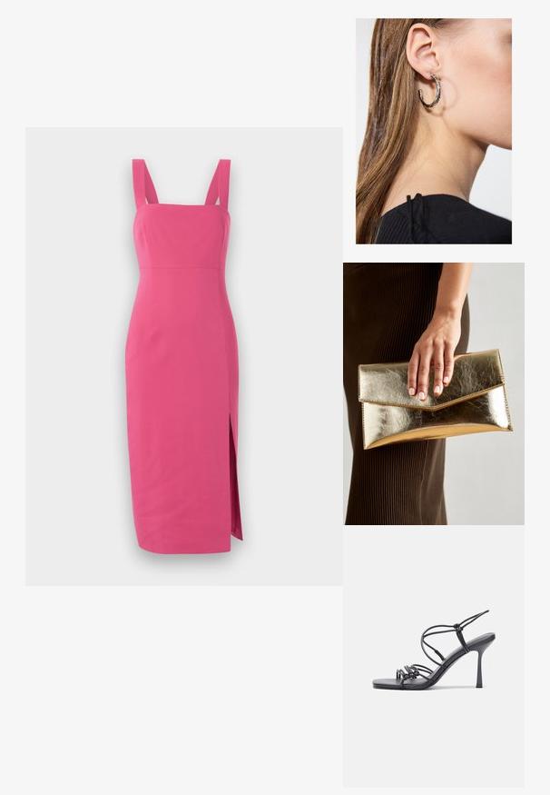 Merginamas rožinis suknelė su plačiomis petnešėlėmis, kvadratiniu iškirpimu, iki kelių ilgiu su šoniniu įpjovimu, pagaminta iš lygaus audinio be matomų raštų.; Juodos aukštakulnės sandalai pasižymi plonyčiais dirželiais su mazgo dizainu, lygiu kvadratiniu pirštu ir elegantišku stiletto kulnu.; Auksinės metalinės rankinės su lygiu paviršiumi, kuri turi trikampio formos užsegimą. Ranką laikančioji turi tvarkingai prižiūrėtus nagus.; Sidabrinė lankinė auskarai su poliruotu paviršiumi, turintys mažus auksinius akcentus ir apvalią formą, dėvimi ant ausies kaušelio.