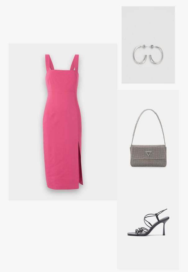 Prilegajoča roza obleka s širokimi naramnicami, kvadratnim izrezom, dolžine do kolen s stranskim razporkom, izdelana iz gladkega materiala brez vidnih vzorcev.; Črne visoke sandale na peto imajo tanke naramnice z vozlom, gladek kvadratni toe in eleganten stiletto peto.; Svetlo siva kovinska torbica z verižnim ročajem, okrašena z majhnimi okroglimi kovinskimi bleščicami in trikotnim logotipom blagovne znamke.; Srebrne uhančke v obliki obroča z gladko, sijočo površino, ukrivljene oblike in zapiranjem na zatič. Minimalistična zasnova z modernim zaključkom.