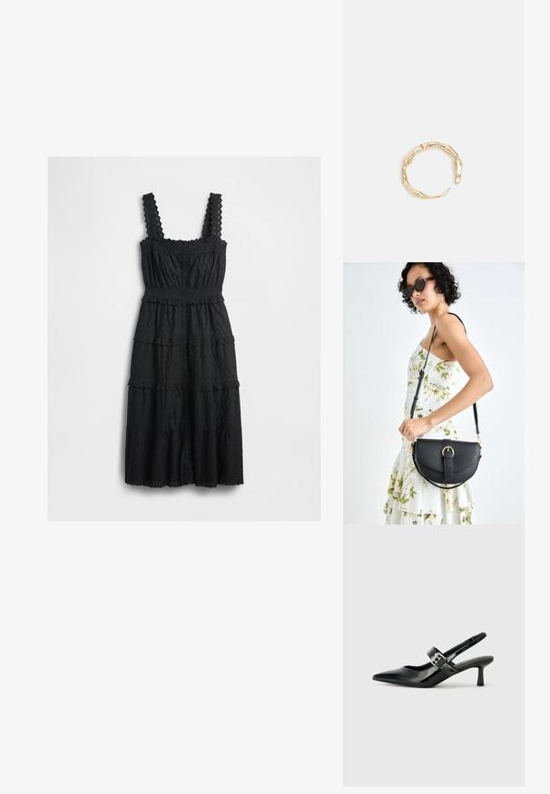 Juoda, sluoksniuota suknelė, pagaminta iš tekstūrinio audinio, su nėriniais ant petnešų ir krūtinės, su mygtukų užsegimu priekyje ir banguotais kraštais.; Juodai lakuoti slingback aukštakulniai su smailiu kojų pirštu ir mažais blokiniais kulniukais, su sidabro sagtimi ant dirželio.; Juodas odinis krepšys su išlenkta forma, nuimamu dirželiu ir auksiniais detalėmis. Krepšys turi kilpą su sagtimi.; Auksinės spalvos žiedas, turintis organišką, sukimosi dizainą su lygiu paviršiumi ir siaurėjančiais galais, sukuriantis modernią skulptūrinę išvaizdą.