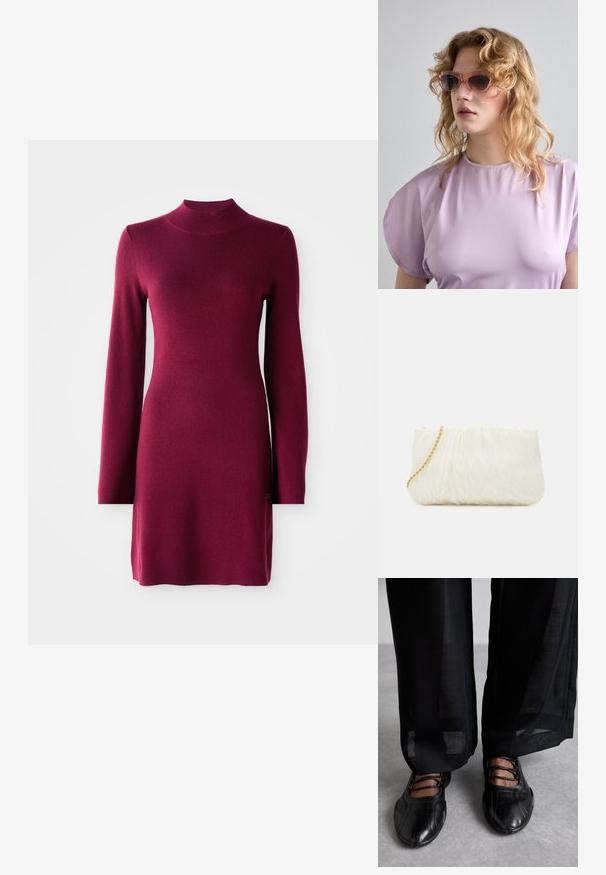 Garā piedurkne un pieguļošs bordo adīts kleita ar maketu, taisnu apakšmalu un gludu tekstūru uz viendabīga fona.; MIISTA AVERIE - Baletkurpes ar siksniņu ap potīti - black; Rozā tonēti saulesbrilles ar ģeometrisku rāmi, apvienotas ar maigu lavandas krāsas topu ar apaļu kakla izgriezumu un īsām piedurknēm.; Balta teksturēta pleca soma ar salocītu dizainu, kas aprīkota ar zelta ķēdes siksnu. Gluda virsma ar smalkām viļņveida formām un noapaļotām malām.