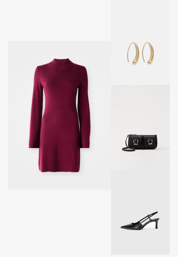 Dlouhé rukávy, přiléhavé burgundské pletené šaty s límečkem, rovný lem a hladká textura na jednobarevném pozadí.; Černé lakované slingback podpatky s špičatou špičkou, zdobené texturovaným hadím vzorem, nastavovacím páskem a krátkým texturovaným blokovým podpatkem.; Černá kožená crossbody taška se dvěma předními kapsami, zlatými přezkami, zipovým uzávěrem a štíhlým popruhem. Texturovaný povrch a kompaktní obdélníkový tvar.; Náušnice ve tvaru kruhu z pozlaceného kovu s vroubkovaným, prodlouženým tvarem. Mají hladký, lesklý povrch a zaoblený konec pro zvýraznění detailu.