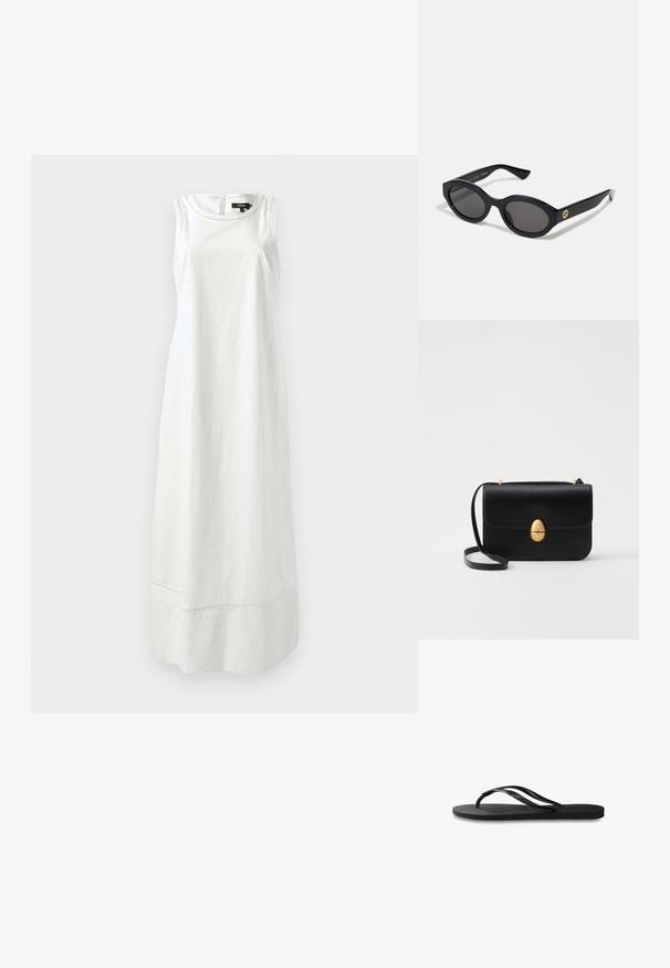 Hihaton valkoinen mekko, joka on valmistettu sileästä kankaasta. Mekossa on yksinkertainen muotoilu ja suora siluetti, jossa on hillitty ompelu lisäämään viimeistelyä helmassa.; Mustat flip-flopit, joissa on röpelöinen kumipohja, kaksi hoikkaa remmiä ja hillitty, kohokuvioitu logotyyli remmissä.; Mustat soikeat aurinkolasit tummilla linsseillä ja kiiltävästä muovista valmistetulla kehällä. Varustettu kullanvärisellä logolla temppeleissä, tarjoten tyylikkään ja modernin muotoilun.; Musta nahkakäekott struktureeritud ristküliku kujuga. Varustatud kuldse ovaalse lukuga ja õhukese õlalindiga. Sile tekstuur.