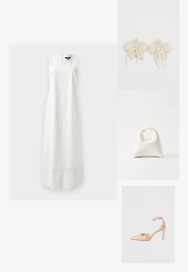 Rochie albă fără mâneci, dintr-un material cu o textură netedă, având un design simplu și o siluetă dreaptă, cu detalii de cusătură subtile la tiv.; Pantof nude din piele lacuită, cu vârf ascuțit, curea la gleznă și toc stiletto, având o textură netedă și un design minimalist.; Geantă albă cu un design texturat și curbat. Dispune de un mâner proeminent și o bază rotundă, cu un finisaj neted și hardware minim.; Cercei cu flori din perlă, accentuați cu aur. Fiecare petală are mici perle rotunde dispuse într-un design floral, cu detalii de perle care se încadrează în formă de traiectorii.