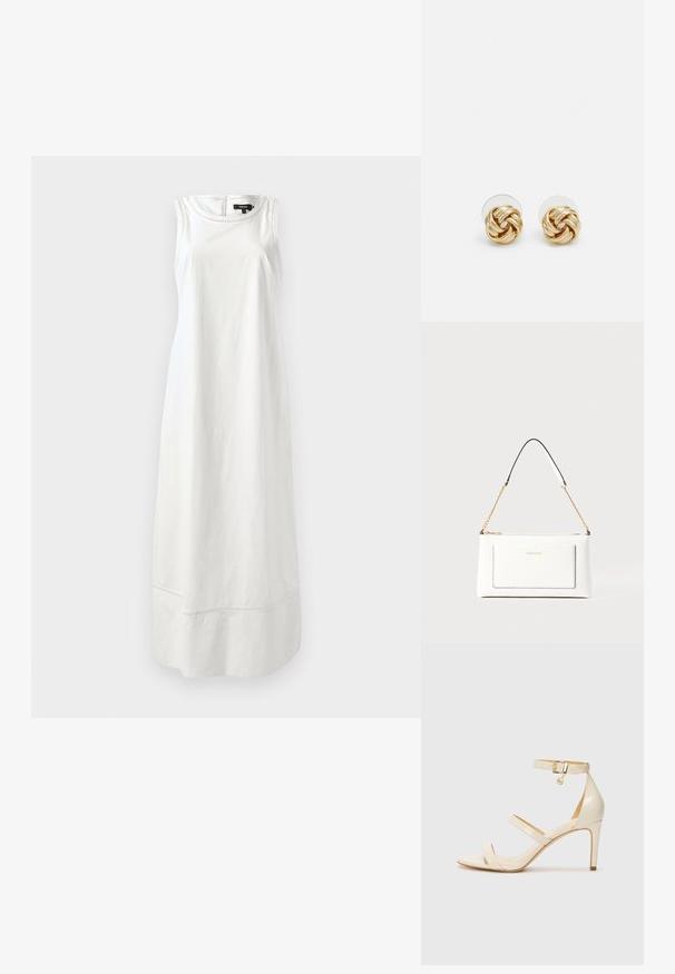 Biała sukienka bez rękawów uszyta z tkaniny o gładkiej teksturze, charakteryzująca się prostym wzornictwem i prostą sylwetką z delikatnym detalem w postaci przeszycia na dole.; Beżowe sandały na obcasie z cienkim paskiem na kostce i dwoma górnymi paskami. Błyszczące lakierowane wykończenie i złote detale na pasku na kostce.; Biała skórzana torebka o teksturowanym wykończeniu, z złotą łańcuszkową rączką i czarnymi akcentami. Zawiera przednią kieszeń oraz zamek błyskawiczny.; Złote kolczyki w kształcie węzła z twisted design. Każdy kolczyk posiada okrągłe, przezroczyste oparcie zapewniające pewność noszenia.