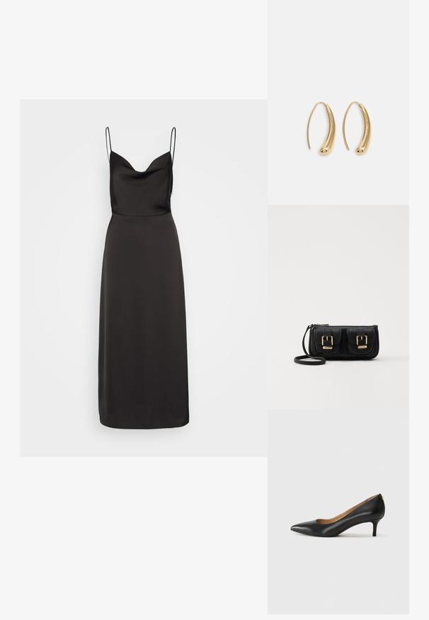 Must mustriga kleit, millel on sobiv rind, lai kaelus ja õhukesed spagettirihmad. Seelik voolab pahkluuni, omades siledat tekstuuri.; Must musta musta, millel on terav nina, madal konts ja sile tekstuur. Omab pisut avatud osa ees ja minimaalset riistvara taga.; Must küllastamata nahast õlakott, millel on kaks esist nähtavat taskut, kuldsed pandlad, tõmblukuga sulgemine ja peen rihm. Tekstuuriga pind ja kompaktne ristkülikukujuline kuju.; Kuldtoonilised metallist rõngas kõrvarõngad, millel on kõver ja piklik kuju. Omavad siledat, läikivat pinda ja ümarat tipptugevdust, mis lisab detaili.