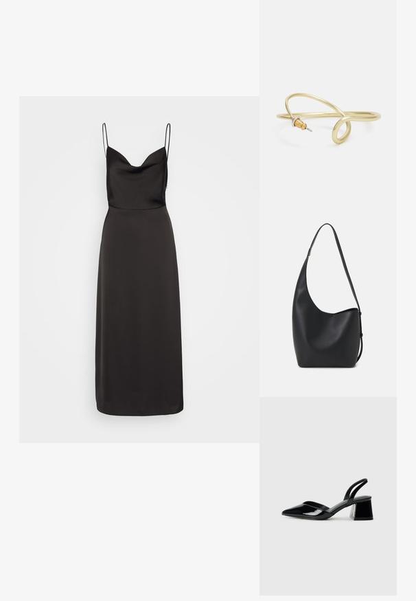 Mustapuku satiinimekko, jossa on tiukka pääll bodice, leveä kaula-aukko ja ohuet spagettiolkain. Hame virtaa nilkkapituuteen, ja siinä on sileä rakenne.; Mustat patentoitu nahkakengät, joissa on säären takaosa ja terävä kärki, sekä geometrinen palikkakorko. Sisältää tyylikkään, minimalistisen muotoilun ja sileän pinnan.; Musta nahkainen hobo-laukku, jossa on sileä pinta, kaareva muoto ja yksi säädettävä olkahihna; sisäänkäynti on leveä ylhäältä.; Kultainen metallinen ranneketju, jossa on sulava ja kaareva muotoilu. Yhdessä päässä on pieni, hallitseva hopeanvärinen korostus.