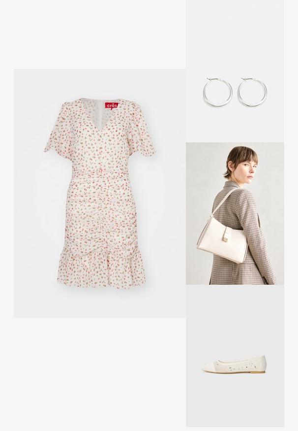 Rochie florală cu mâneci scurte tip fluture, decolteu în V, model floral roz pe material alb, talie strânsă, și tiv ondulat. Închidere cu fermoar la spate.; Pantofi stilați cu vârful ascuțit, din piele crem, cu partea superioară transparentă și strasuri dispersate. Talpă moale pentru confort, design minimalist.; Geantă de mână din piele albă cu un design structurat, având o închidere magnetică și un breteau, expusă pe un fundal neutru.; Cercei rotunzi din argint prezintă un design neted și rotunjit, cu un profil subțire și un sistem de prindere sigur. Stil minimalist cu un finisaj lucios.