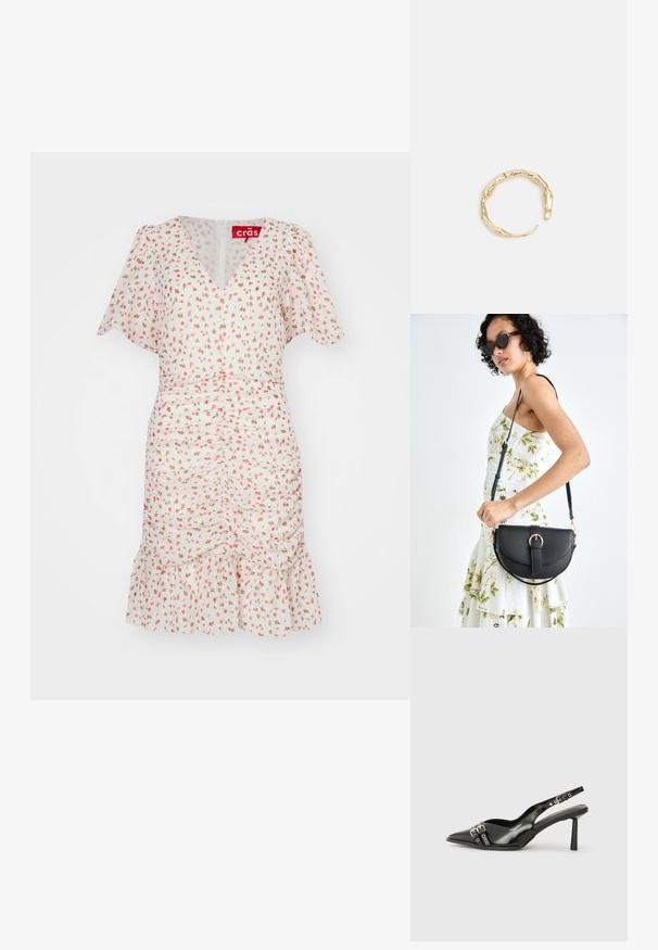 Cvetna obleka s kratkimi letečimi rokavi, V-izrezom, rožnatim cvetličnim vzorcem na belem blagu, nabranim pasom in nabrano obrobo. Zapiranje na zadrgo na hrbtu.; Črne patentne usnjene sandale s koničastim nosom, zankami okoli gležnja s srebrnimi sponkami in opremo ter vitkimi petami.; Črna usnjena torbica s ukrivljeno obliko, z odstranljivo naramnico in zlatimi dodatki. Torbica ima pokrov s podrobnostmi v obliki zaponke.; Zlati prstan s organskim, zvitim dizajnom, gladko površino in taperiranimi konci, ki ustvarja modernega, skulpturalnega videza.