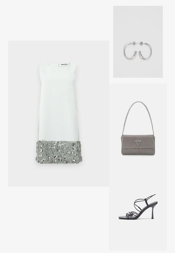 Bešvarkis su rankovėmis šviesiai pilkos spalvos audinio, puošniu blizgučių apvartu. Paprasta apvali iškirptė ir užtrauktukas nugaros pusėje.; Juodos aukštakulnės sandalai pasižymi plonyčiais dirželiais su mazgo dizainu, lygiu kvadratiniu pirštu ir elegantišku stiletto kulnu.; Šviesiai pilka metalinė rankinė su grandinėlės dirželiu, papuošta mažais apvaliais metaliniais smeigėmis ir trikampiu prekės ženklu.; Sidabriniai lankelio formos auskarai su lygiu, blizgiu paviršiumi, išlenktos formos ir su užsegimu. Minimalistinio dizaino su moderniu apdaila.