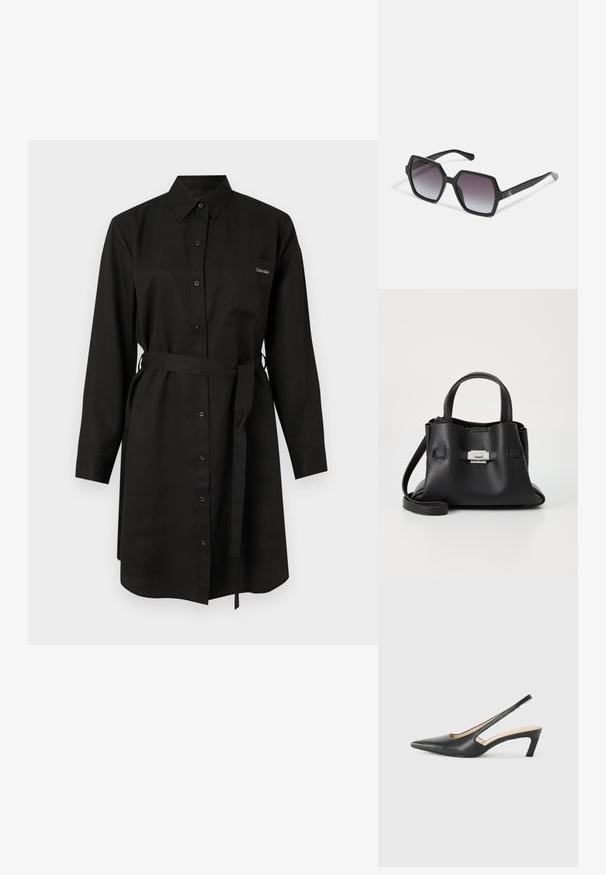 Črna srajčna obleka iz bombaža, ki ima ovratnik, dolge rokave, eno žepno mesto na prsih in usklajen pas v predelu pasu.; Črne čevlje s koničastimi nosovi in slingback obliko z nizko peto, izdelane iz gladke usnjene materiale ter s črtasto zasnovo na strani za prezračevanje.; Črne heksagonalne sončna očala z gradientnimi lečami, s sijočo površino in diskretnim logotipom na robu. Trajna plastična zasnova.; Črna usnjena torbica z teksturirano površino, ki ima dva zgornja ročaja, odstranljiv ramenski trak in podrobnosti z srebrnim zapiranjem.; Zlatom pozlačen ogrlica z gladkim, ukrivljenim osrednjim poudarkom. Ima fleksibilno verigo z ježkom in dodatne prilagodljive verižice.