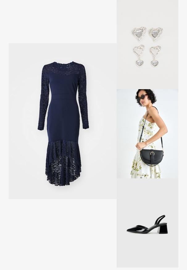 Mornarsko modra obleka z oteženim čipkastim delom na telesu in dolgimi rokavi, z večplastnim čipkastim robom. Narejena iz mehkega blaga z oprijetim silhuetom.; Črne lakirane slingback pete s koničastim nosom in geometrijsko blokasto peto. Imajo eleganten, minimalističen dizajn in gladko teksturo.; Črna usnjena torbica s ukrivljeno obliko, z odstranljivo naramnico in zlatimi dodatki. Torbica ima pokrov s podrobnostmi v obliki zaponke.; Srebrni uhani v obliki srca vsebujejo fasetirane prosojne kamne ter teksturiran okvir. Komplet vključuje stenske in viseče sloge.