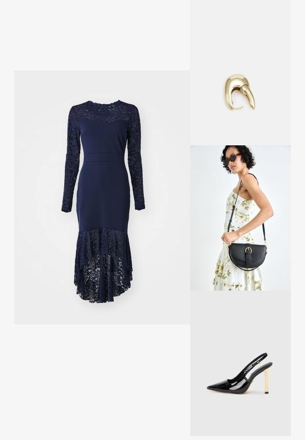 Tamsiai mėlyna suknelė su tekstūruotu nėriniuotu bodu ir ilgomis rankovėmis, su sluoksniuota nėriniuota apatine dalimi. Pagaminta iš švelnios medžiagos, pasižymi figūrą priglundančiu siluetu.; Juodas patentuotas odos aukštakulnis batelis su smailiu kojų pirštu ir auksinės spalvos kvadratiniu kulno akcentu. Ilgesnis reguliuojamas kulkšnies dirželis.; Juodas odinis krepšys su išlenkta forma, nuimamu dirželiu ir auksiniais detalėmis. Krepšys turi kilpą su sagtimi.; Aukso tono metalinės auskarai su stilingu, kreiviu dizainu. Išsiskiria ryškiu smailiu pavidalu, poliruota paviršiumi ir užsegimu su vyriu.