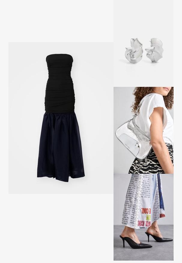 STAUD LIYA DRESS - Apģērbs svinīgiem gadījumiem - black/navy; Melni ādas mūļi ar smailu purngali un stiletto papēdi, apvienoti ar baltiem rakstainiem apģērbem ar auklīšu detaļām.; Sudrabaini metāla plecu soma ar gludu tekstūru, izliekta dizaina, ķēdes siksnu un pulētu priekšējo paneli ar smalku logotipa gravējumu.; Sudeļi ar plūstošu spirālveida dizainu. Gluda tekstūra ar pulētu apdari. Iezīmējas ar maigu spīdumu un nav redzamu rotājumu.