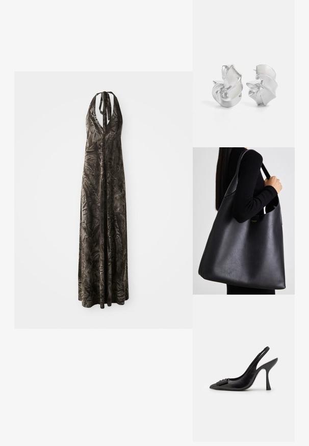 Dlhá tmavošedá halter šaty z jemnej, krčenej tkaniny s hlbokým výstrihom do V a nastaviteľnými ramienkami, skladajúca sa až po členky.; Čierne kožené šľapky so špicatou špičkou, úzkym vysokým opätkom a dekoratívnou mašľou. Hladká textura a elegantný dizajn.; Čierna kožená taška cez plece s hladkým povrchom, nadrozmerným tvarom a jedným ramenným popruhom. Obsahuje akcent zlatého loga.; Strieborné náušnice s plynulým, špirálovým dizajnom. Hladký povrch s lešteným finišom. Majú jemný lesk a žiadne viditeľné ozdoby.