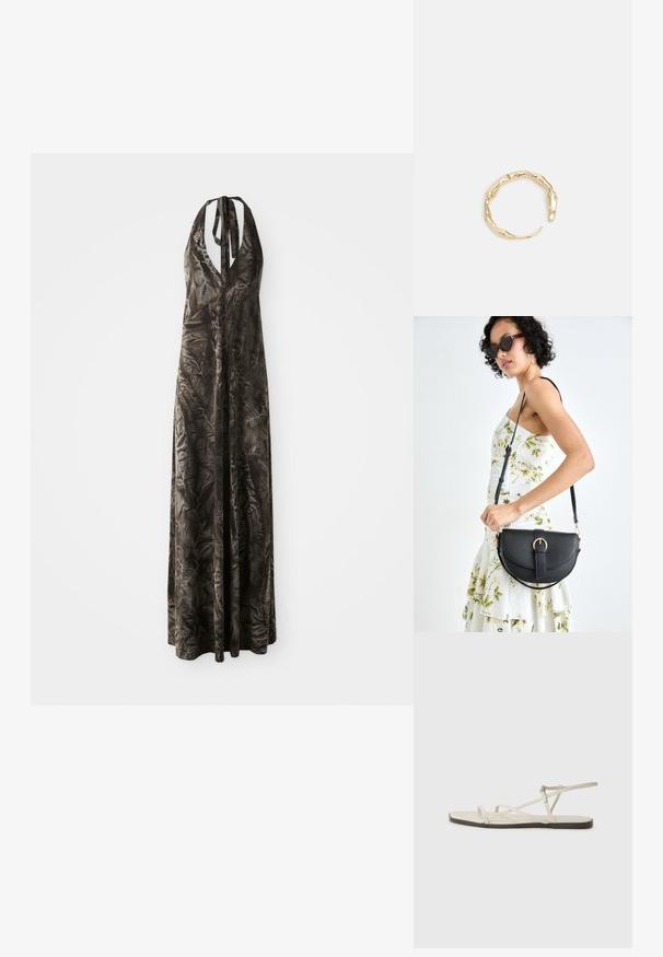 Duga, tamnosiva halter haljina od mekog, nabranog materijala s dubokim V-izrezom i podesivim trakama, koja se širi do članaka.; Bež sandala na ravnom potplatu s više tankih trakica i podesivom kopčom. Potplat je ravan s blagim tamnim kontrastom na rubu.; Crna kožna torba s lukovitim oblikom, odvojivim remenom i zlatnim detaljima. Torba ima preklop s kopčom.; Prsten u zlatnoj nijansi s organskim, uvijenim dizajnom, glatkom teksturom i suženim krajevima, koji stvara moderan, skulpturalni izgled.