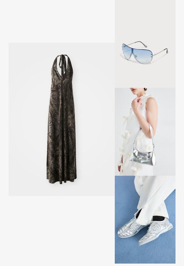 Dolga, temno siva halter obleka iz mehkega, gubanega blaga z globokim V-izrezom in nastavljivimi naramnicami, ki sega do gležnjev.; Srebrni atletski čevlji z gladkim, sijočim zaključkom, z našitim dizajnom in številko 90 na strani, v kombinciji z belimi hlačami.; Pilotne sončne očala z gradijentnimi modrimi lečami, srebrnim kovinskim okvirjem in okrasnimi zvezdastimi detajli na lečah. Gladek in eleganten dizajn.; Srebrna metalna torbica z oblikovano strukturo, ki ima zgornji ročaj in detajl v obliki mašne spredaj. Gladka tekstura, z odsevnimi površinami.