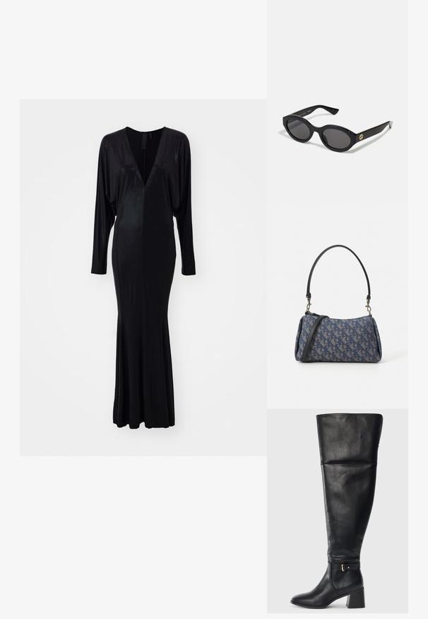 Svart kjole med dyp V-hals, lange ermer og en tettsittende silhuett som brettes ut ved kanten. Laget av et glatt, glinsende materiale.; Svart kneehøye lærstøvler med blokkhæl og dekorativ stropp med gullspenne over ankelen, sideutsikt på hvit bakgrunn.; Sorte ovale solbriller med mørke linser og blank plastramme. Har gulllogo på stengene, og tilbyr et elegant og moderne design.; Blåmønstret håndveske laget av stoff, med buet form, svart lærreim og logodesign i en lysere nyanse.