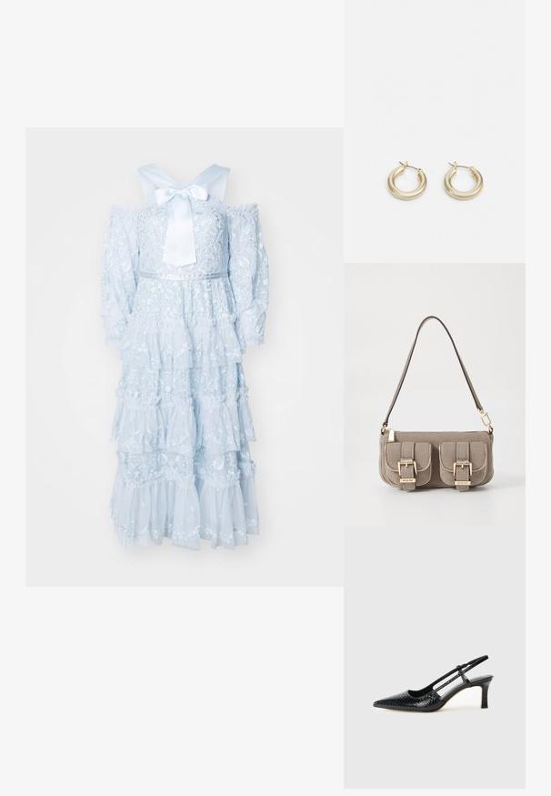 Ljusblå lager på lager-klänning i genomskinligt material med blommönsterbroderi, avskurna ärmar och en stor satinslöja på baksidan.; Svart lackskin slingback-häl med spetsig tå, med texturerad ormskinnsprint, justerbar rem och en kort, texturerad blockklack.; Beige texturerad handväska med justerbar rem, två framfickor säkrade med spännen och guldiga detaljer. Dragkedjestängning upptill.; Lauren Ralph Lauren BASIC SMALL HOOP - Örhänge - gold-coloured