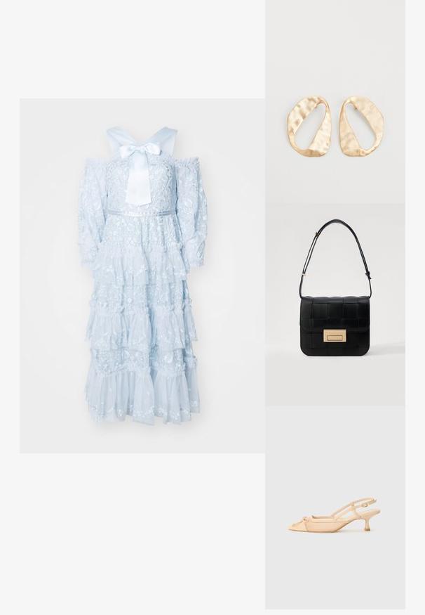 Vaaleansininen kerroksellinen mekko, joka on valmistettu läpinäkyvästä kankaasta, jossa on kukka-ompelu, olkapäiltä avonaiset hihat ja suuri satiinikaari takana.; Stuart Weitzman KITTY - Avokkaat - beige/barely beige; Loeffler Randall DESI CROSSBODY WITH LOCK HARDWARE - Olkalaukku - black; Pari epämuodostuneita soikeita kultasävyisiä metallikorvakoruja, joissa on teksturoitu, hieman hakattu pinta valkoista taustaa vasten.