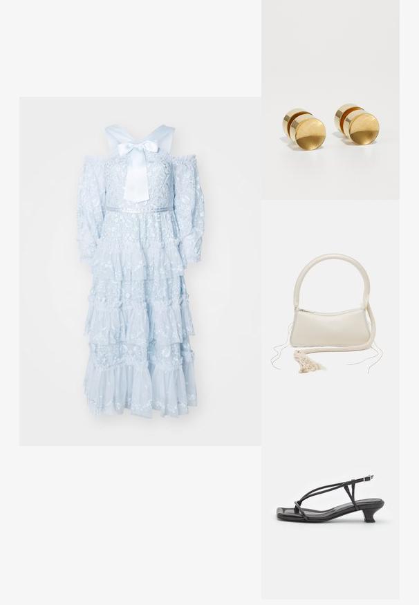 Heled sinised kihilise kleit, millel on läbipaistev kangas, lillemotiivid, õlavarrele mähkuvad varrukad ja suur satiinist pael selja taga.; Must must sandaalid, millel on õhukesed rihmad, madal plokknina ja ruudukujuline varvas. Omab kinnitust nahkel ja sile pind.; Kreemikaalune käekott ümarate sangadega, lukuga sulgur ja pitsi detail. Omab sileda nahakatte tekstuuri ja kontrastset kangast äärt.; Kuldmetallist kõrvarõngad, millel on lihtne ümmargune kuju, sile pind ja keskel poleeritud riba. Diameeter on umbes 1 cm.