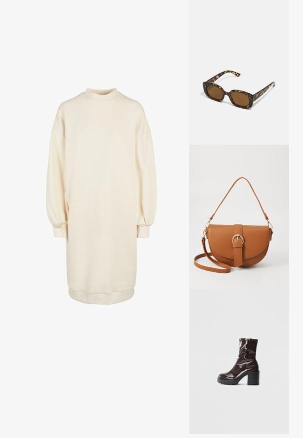 Light beige pullover dress with a high neckline, long puff sleeves, ribbed cuffs, and a straight silhouette, made from soft cotton blend fabric.; Glossy burgundy ankle boot with a chunky black heel, featuring a smooth texture and simple design. No visible fastenings or patterns.; Tortoiseshell sunglasses with a rounded, chunky frame and brown lenses. Features subtle patterns and straight, tapered arms.; Brown leather crossbody bag with a curved shape, gold hardware, and a buckle accent. Features a detachable shoulder strap.