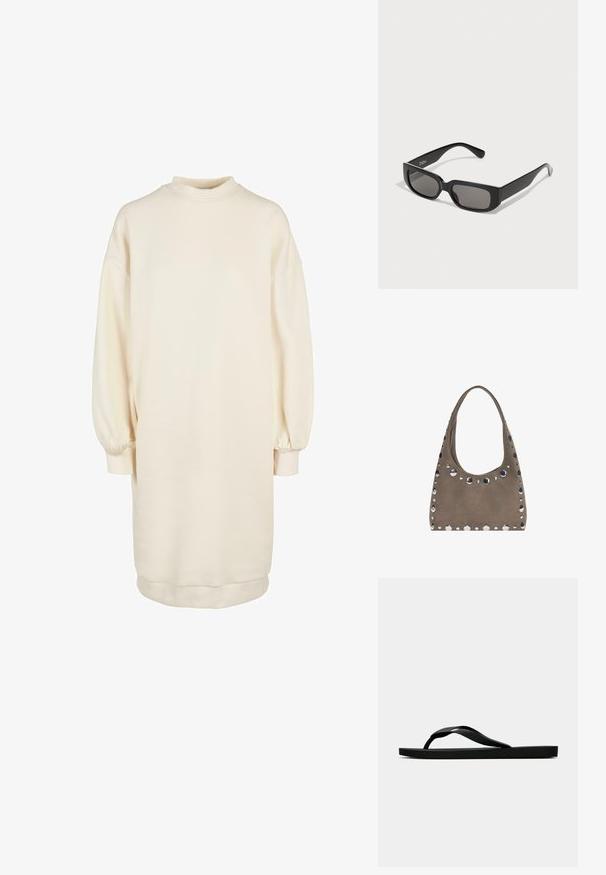 Világos bézs pulóver ruha magas nyakú, hosszú puffolt ujjal, bordázott mandzsettával és egyenes fazonnal, puha pamut keverék anyagból készült.; Fekete gumipapucs, textúrált pánttal és egyszerű lapos talppal, oldalnézetből, világos háttér előtt.; Fekete téglalap formájú napszemüveg, szürke árnyalatú lencsékkel, sima műanyagból készült. Minimalista kialakítással rendelkezik, egyenes karokkal és diszkrét márkajelzéssel.; PULL&BEAR SHOPPER - Bevásárlótáska - grey