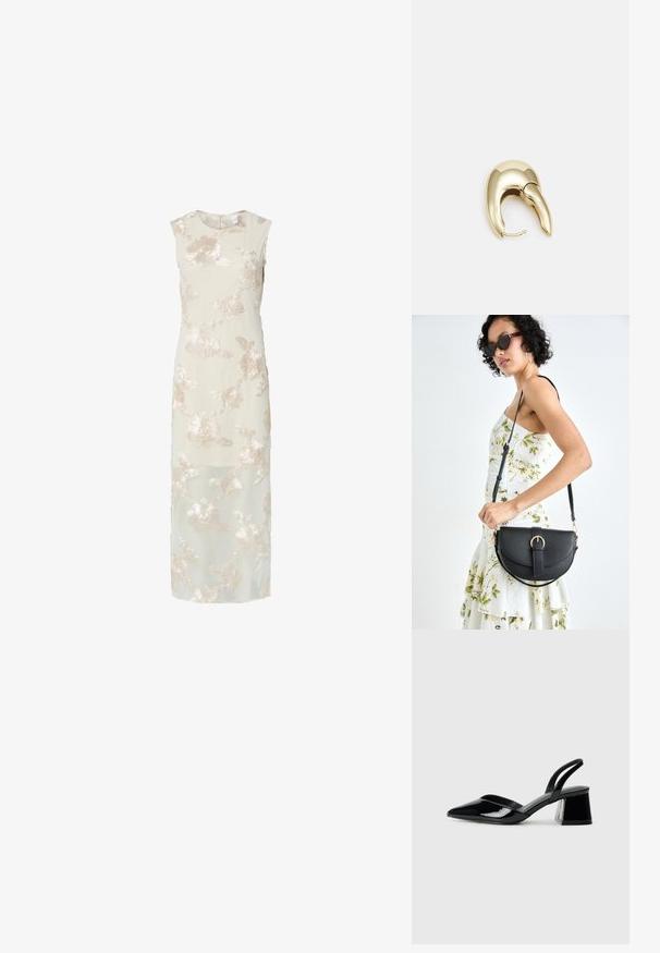Kremfarget ermeløs kjole med delikat blomsterbroderi i beige, som har en lang, flytende silhuett og et subtilt gjennomsiktig overlay.; Svarte patentlær slingback hæler med spiss tå og geometrisk blokk hæl. Har et stilrent, minimalistisk design og jevn tekstur.; Svart lærveske med en buet form, avtagbar stropp og gullbeslag. Vesken har et klaff med spenne-detall.; Gullfarget metalløredobber med et elegant, buet design. Har en karakteristisk spiss form, polert overflate og hengsel-lukking.