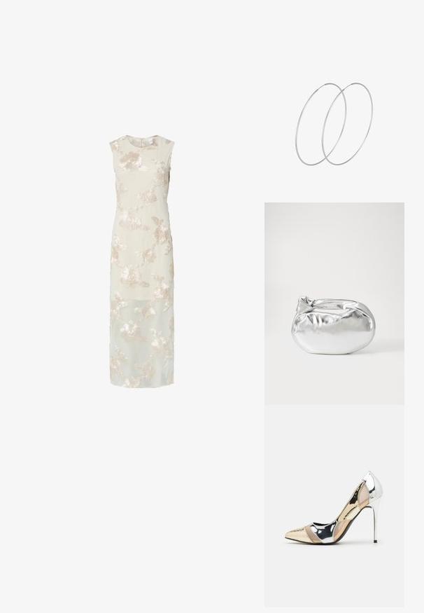 Kreminė be rankovių suknelė su subtiliais gėlių siuvinėjimais bežėje, pasižyminti ilga, laisva siluetu ir subtiliu permatomu apdaila.; Aštrus pirštas aukštakulnis batelis su sidabro, aukso ir nuogų spalvų deriniu. Blizgus paviršius su išpjovos dizainu, su stiletto kulnu.; Sidabrinė metalinė maišelio forma su švelnia, apvalia forma ir mazgu užveriamu viršumi. Pagaminta iš lygios dirbtinės odos medžiagos.; Sidabrinės pusmėnulio auskarai minimalistiniu dizainu. Apskritimo forma, lygus paviršius ir plonas profilis. Lengvi su poliruotu apdailu.